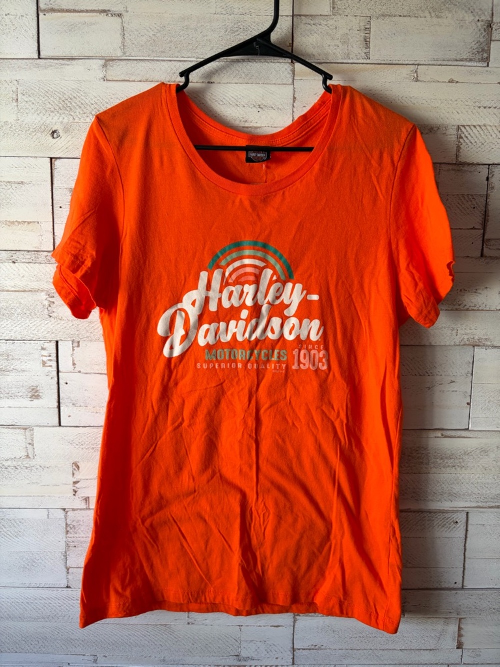 Harley-Davidson Orange Tee with White Logo and Teal Accent Womens xl